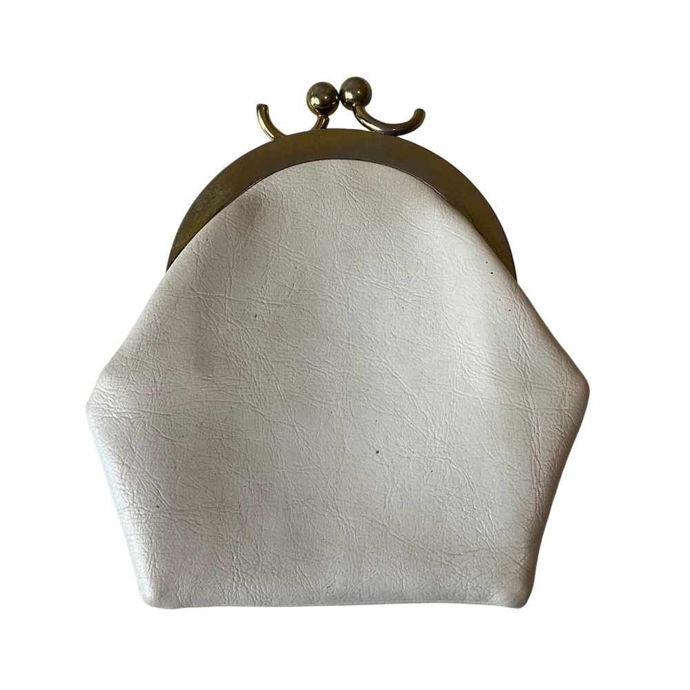 Vintage White Leather Clutch Kiss Lock Pouch Wallet Lined‎ Boho Classic 60s 70s